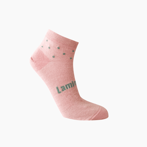 Lamington women's merino ankle socks in blush pink with soft green spots made in New Zealand.