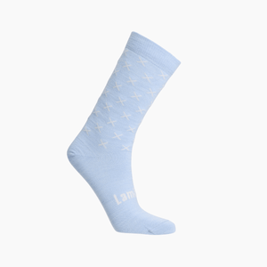 Lamington women's merino crew socks in light blue with white cross pattern made in New Zealand.
