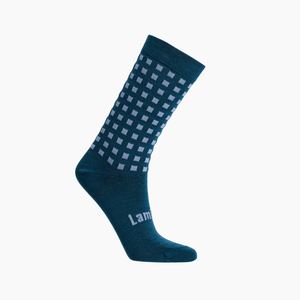 Lamington women's merino crew socks in deep teal with light blue grid pattern made in New Zealand.