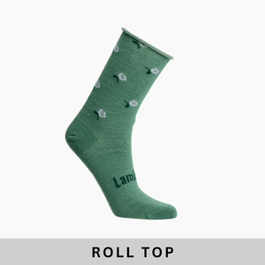 Lamington women's merino roll top crew socks in sage green with natural floral pattern made in New Zealand.