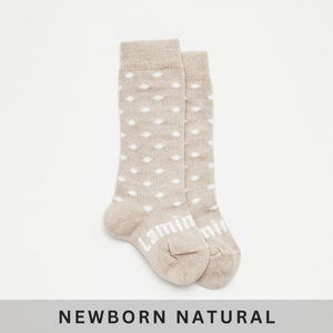 Merino Wool Knee High Socks for Baby in Truffle with white spots from the Newborn Natural Collection.