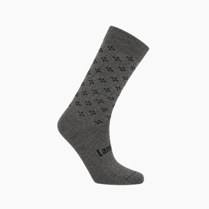 Lamington women's merino crew socks in Tussock mushroom brown and grey with black cross pattern made in New Zealand.