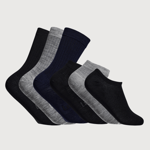 Merino Wool Socks for men displayed in a 7 day set with various dark colors and designs.