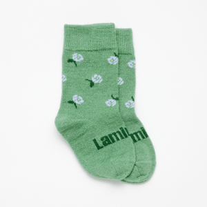 Lamington baby merino crew socks in sage green with natural floral pattern made in New Zealand.