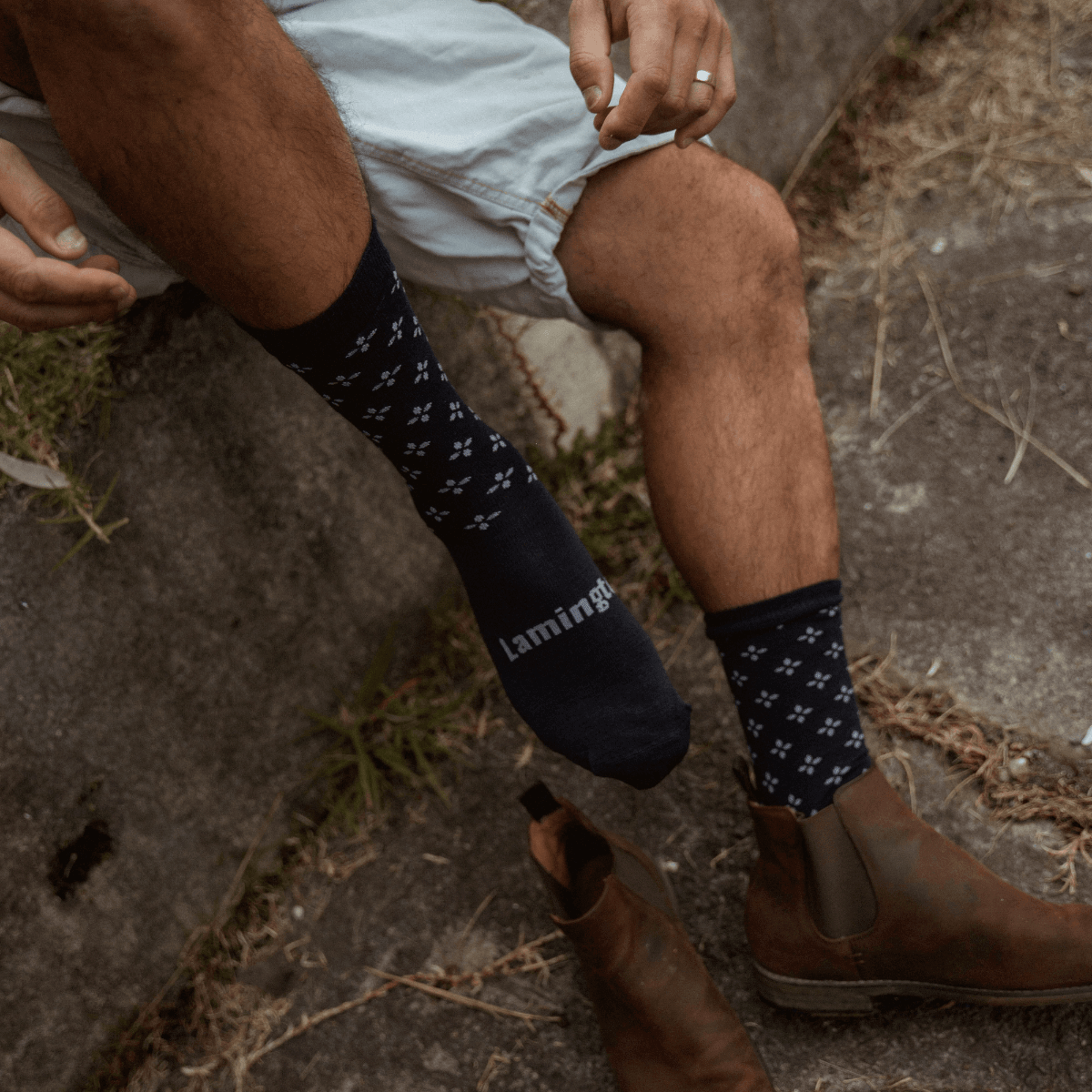 Lamington men's merino crew socks in navy with light blue cross pattern made in New Zealand.