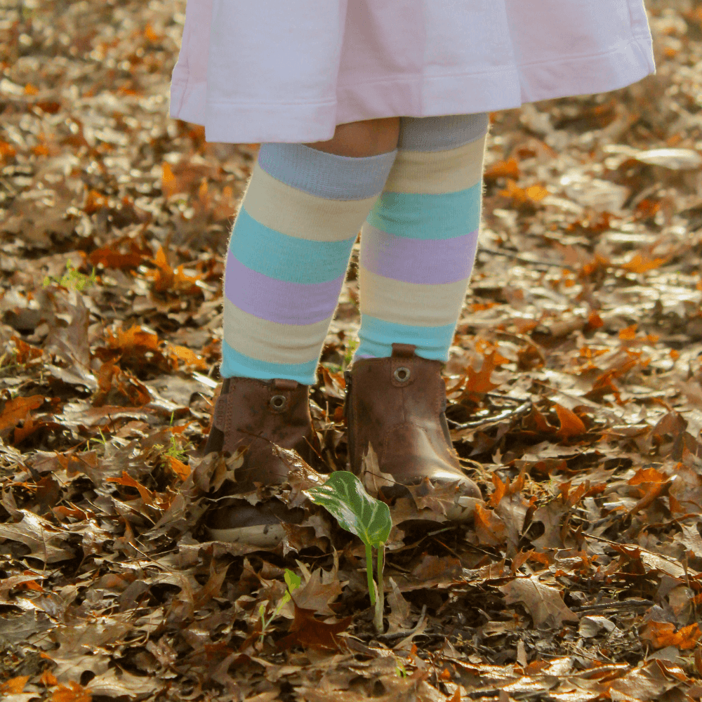 Lamington children's merino knee high socks with pastel blue, yellow, green and lilac stripes made in New Zealand.