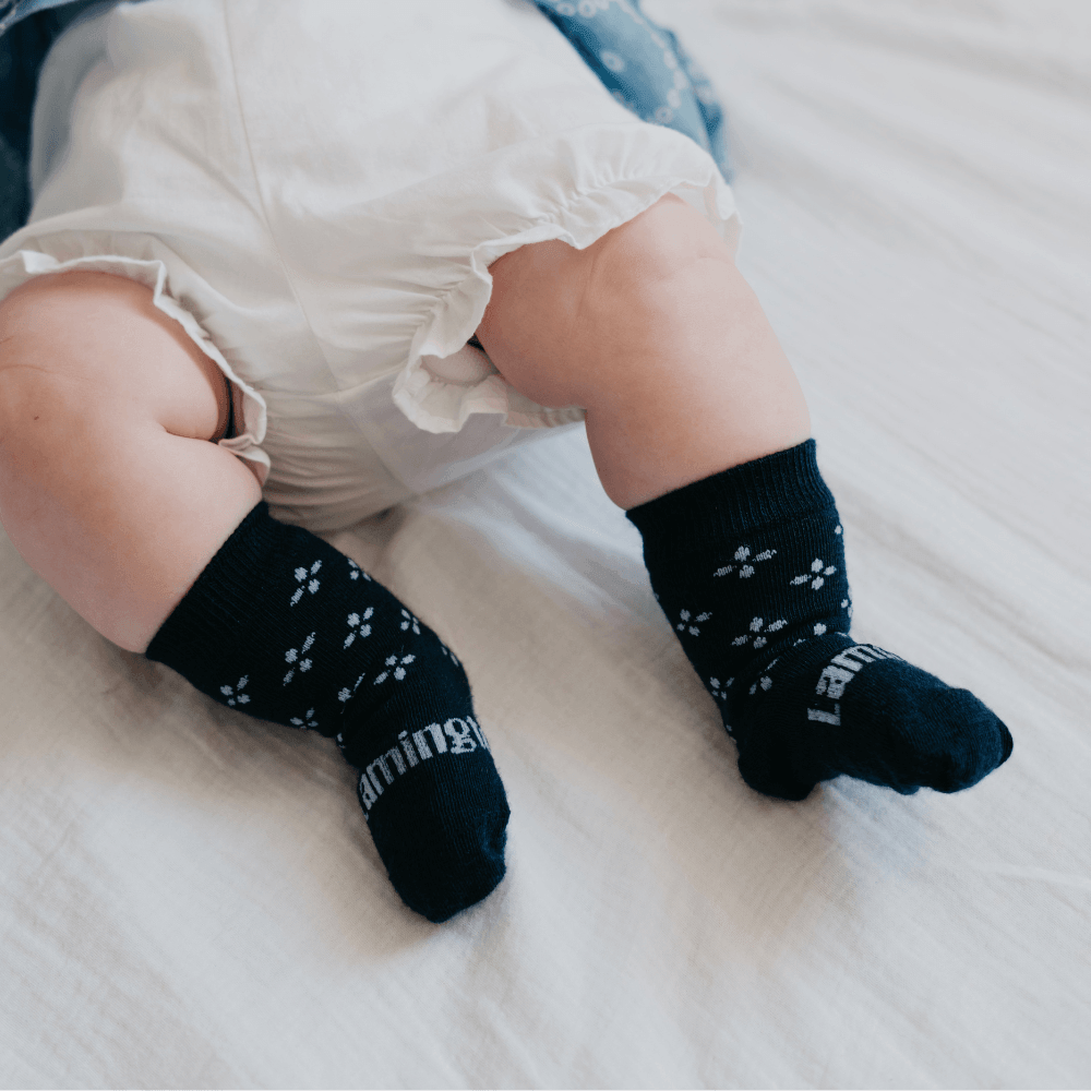 Lamington baby merino crew socks in navy with floral pattern made in New Zealand.
