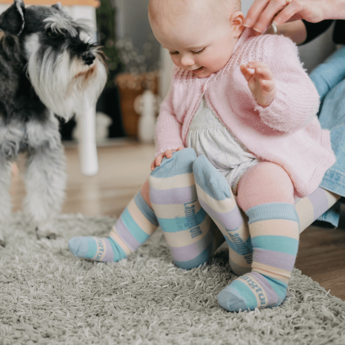 Baby wearing Lamington merino knee high socks with pastel blue, yellow, green and lilac stripes made in New Zealand.