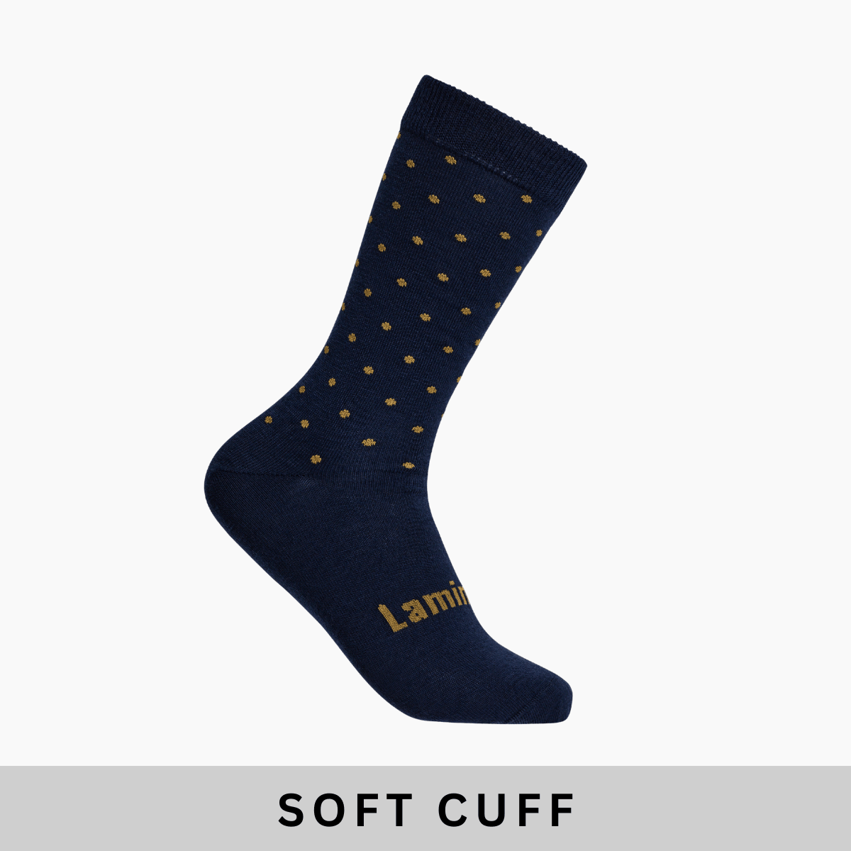 Lamington men's merino soft cuff crew socks in navy with mustard spots made in New Zealand.
