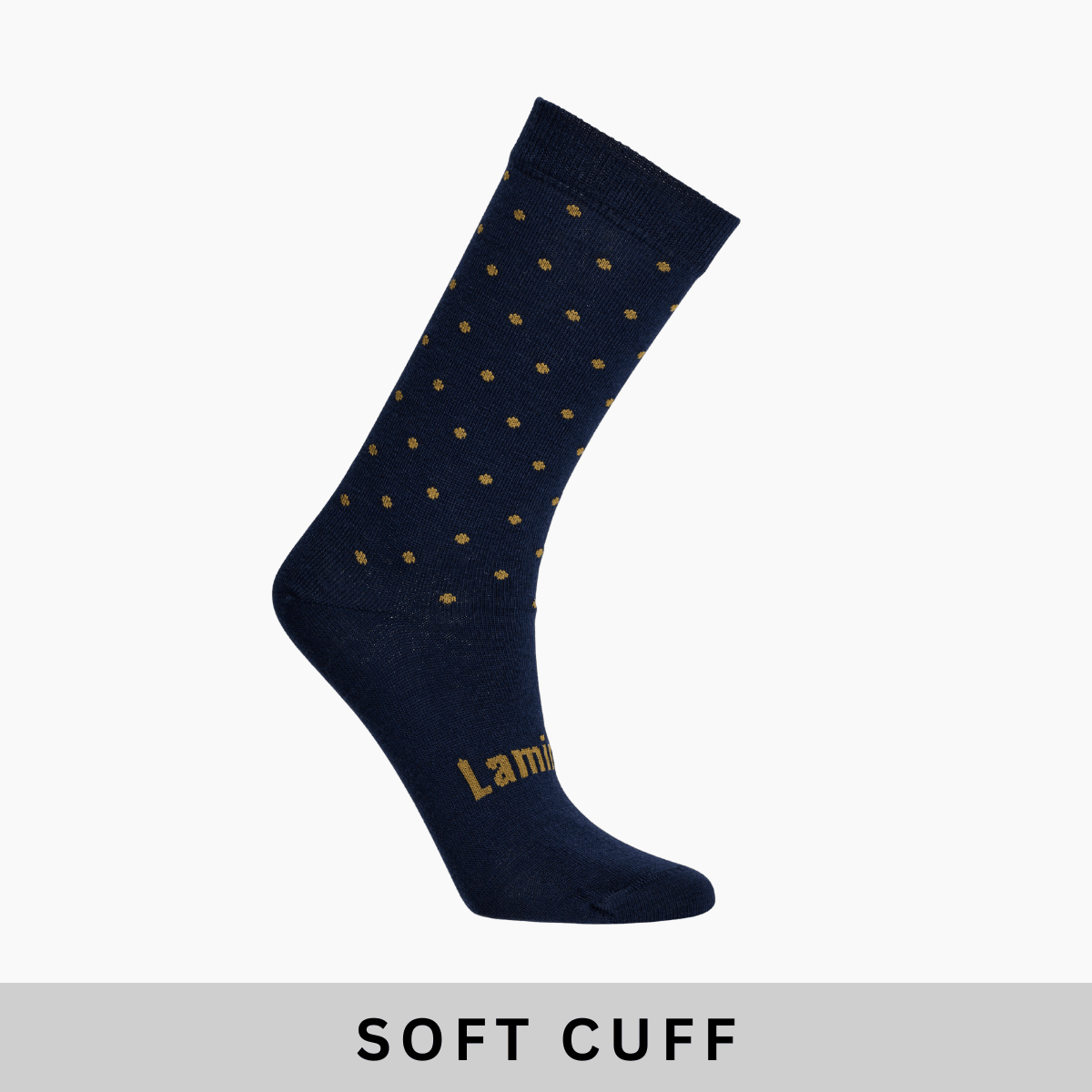 Lamington women's merino soft cuff crew socks in navy with mustard spots made in New Zealand.