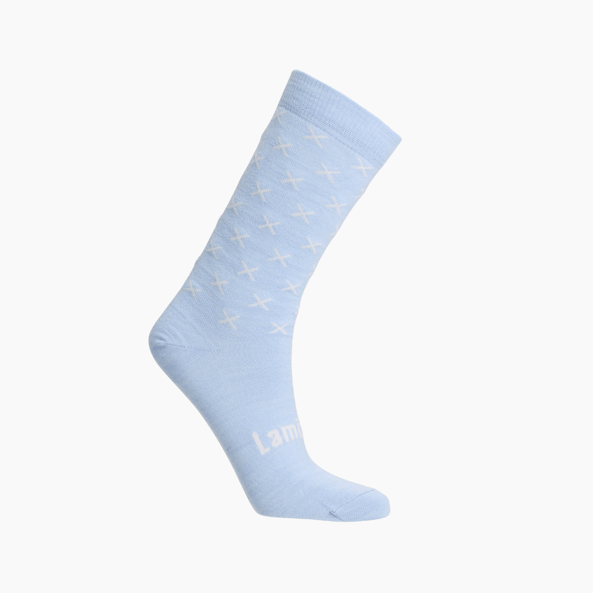 Lamington women's merino crew socks in light blue with white cross pattern made in New Zealand.