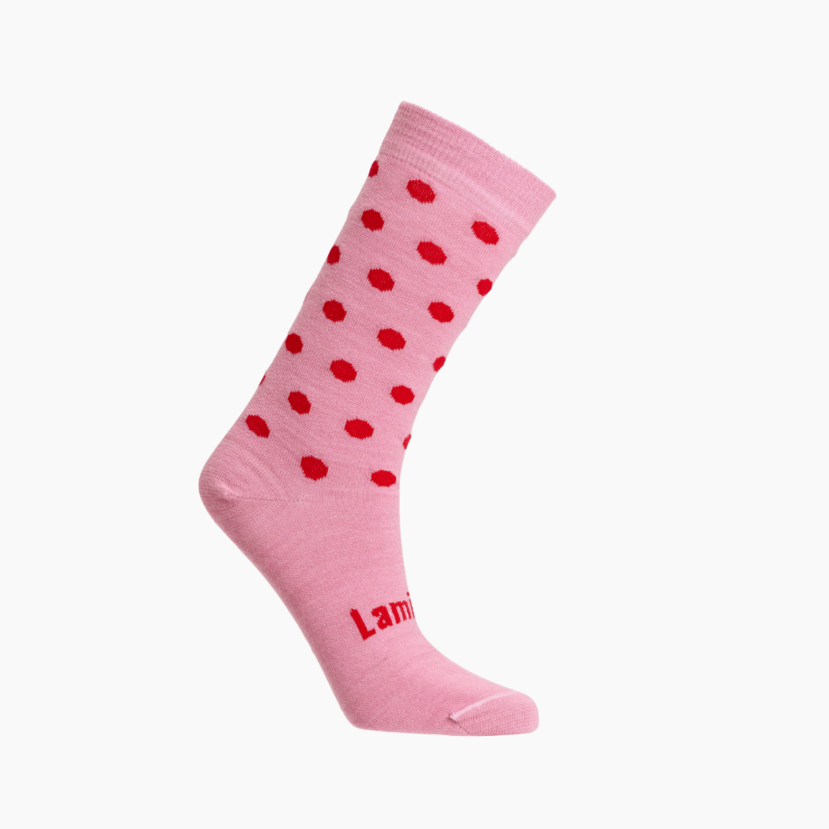 Lamington women's merino crew socks in soft pink with cherry red spots made in New Zealand.