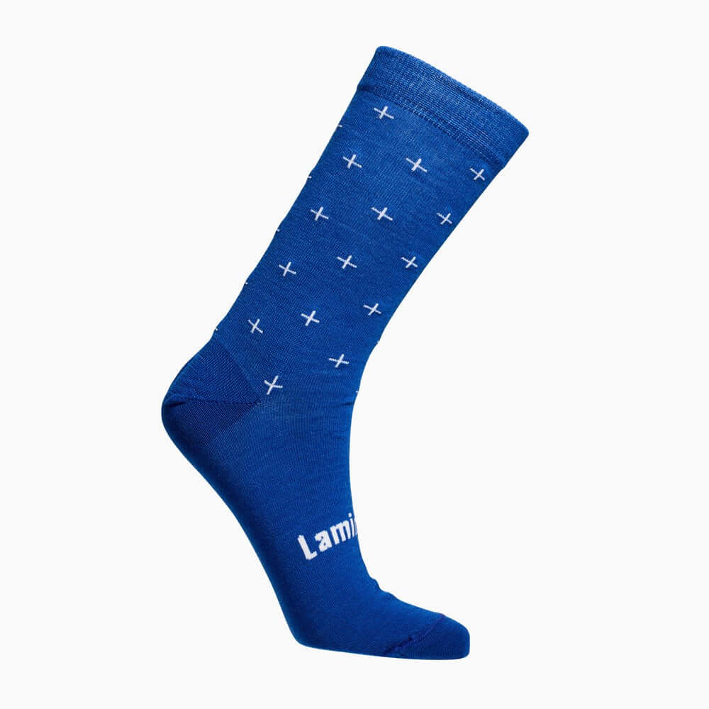 Lamington children's merino crew socks in royal blue with white cross pattern made in New Zealand.