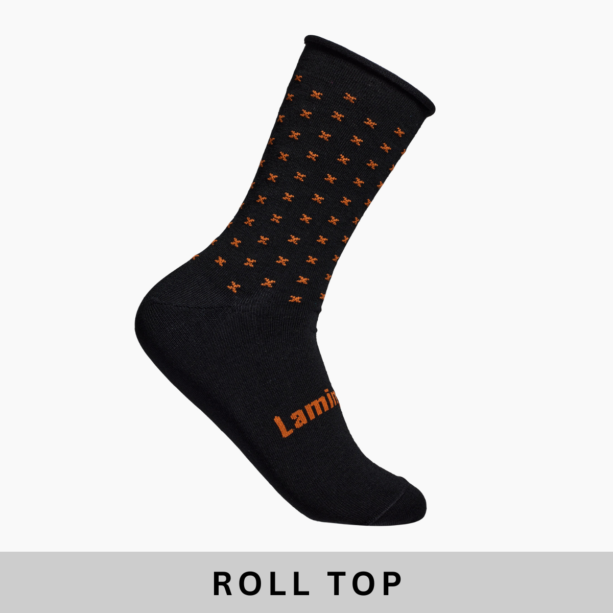 Merino wool comfort socks with roll top crew black with rust crosses for men AUS