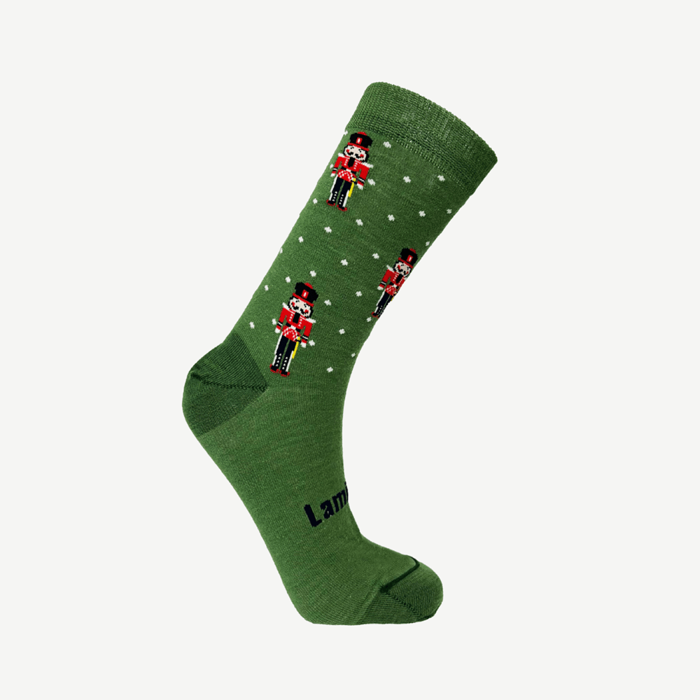 Lamington children's merino crew socks in green with white spots and nutcracker design made in New Zealand