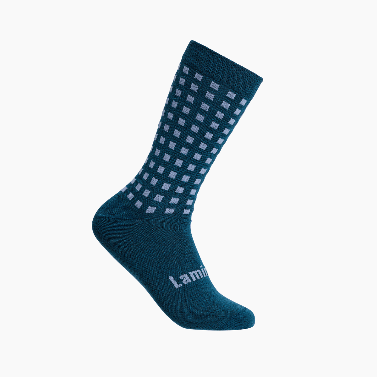 Lamington men's merino crew socks in deep teal with light blue grid pattern made in New Zealand.