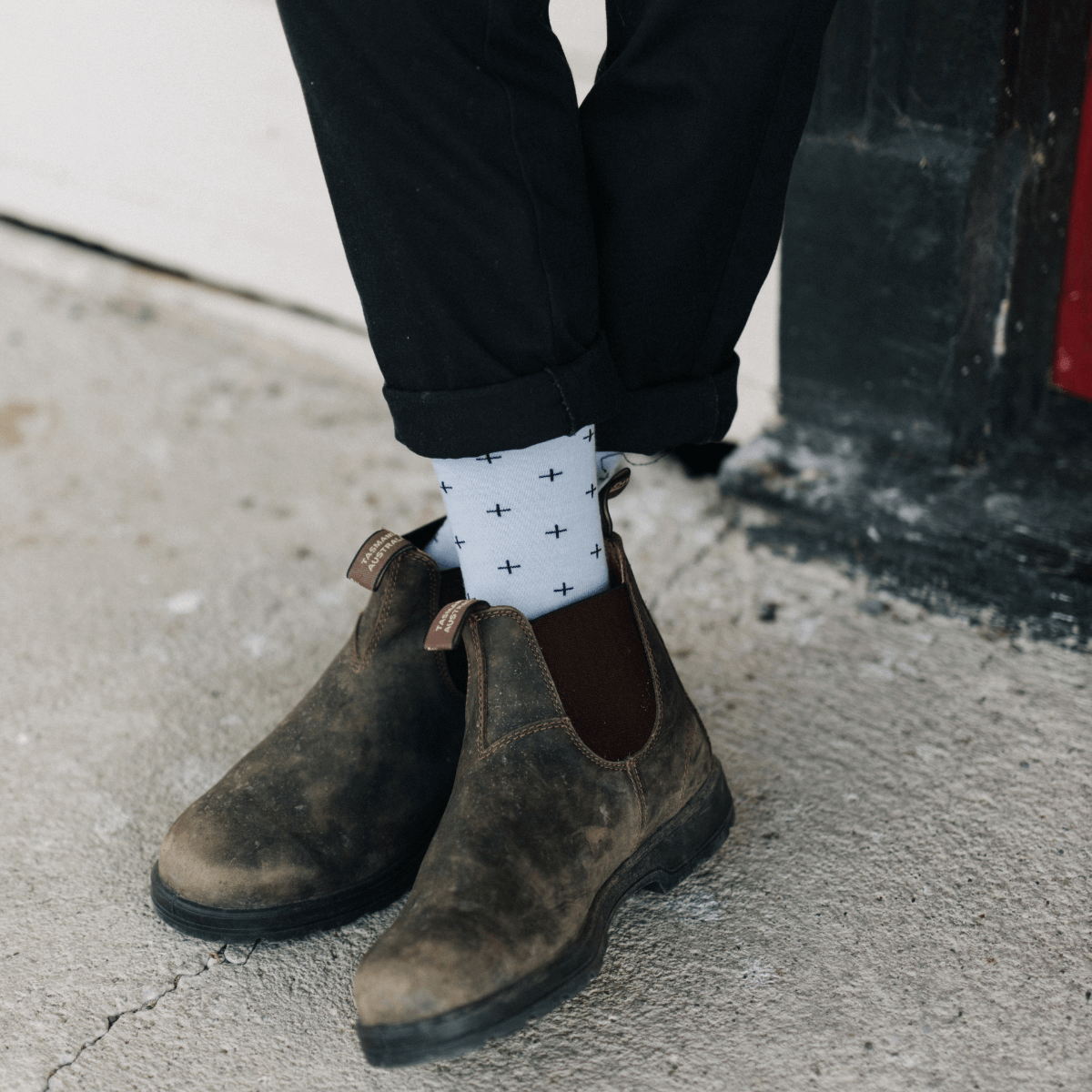 Mens merino wool crew socks Light Blue with Dark Blue crosses by Lamington Australia