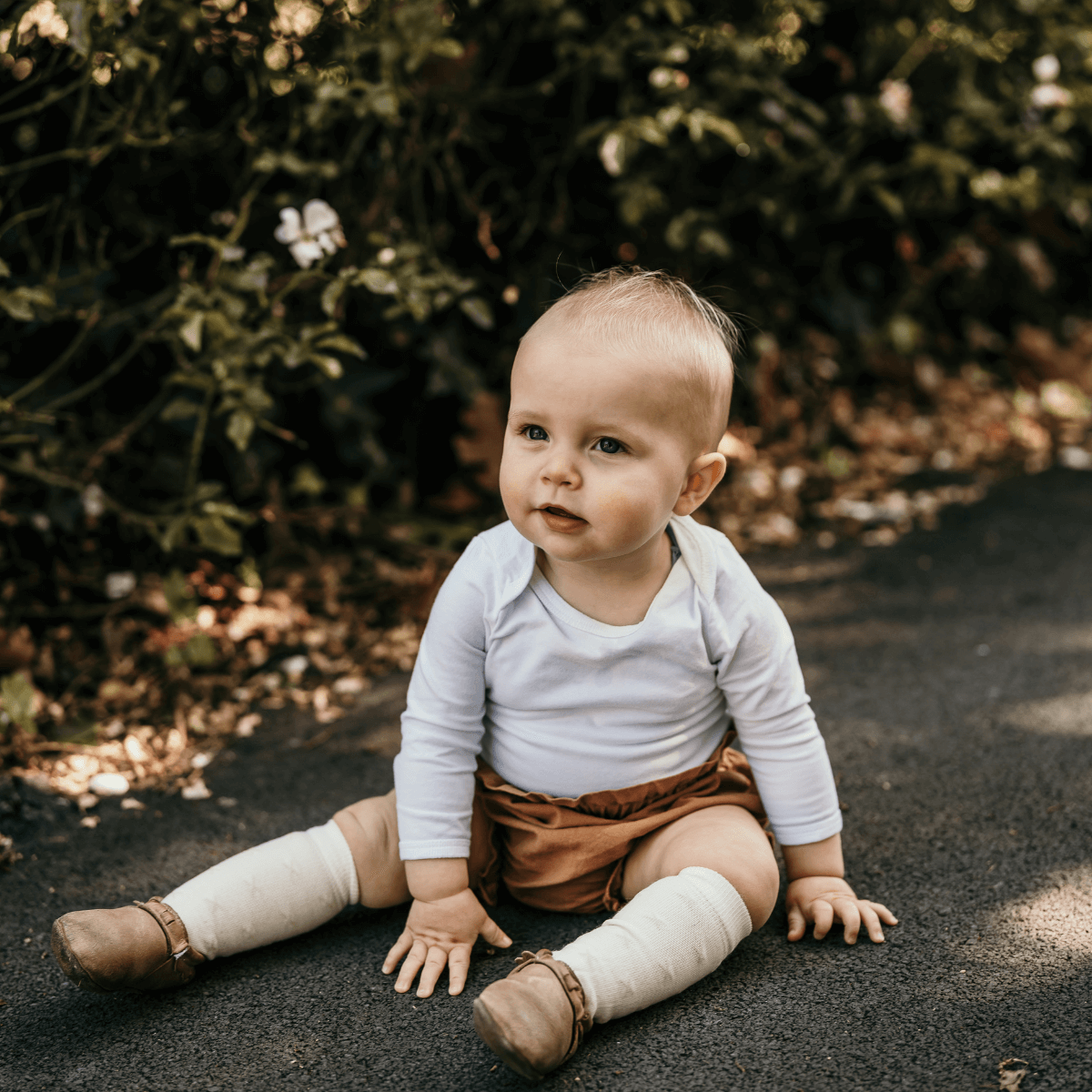 Merino Wool Knee High Socks for Baby in Owl, lightweight and soft with oatmeal crosses design.