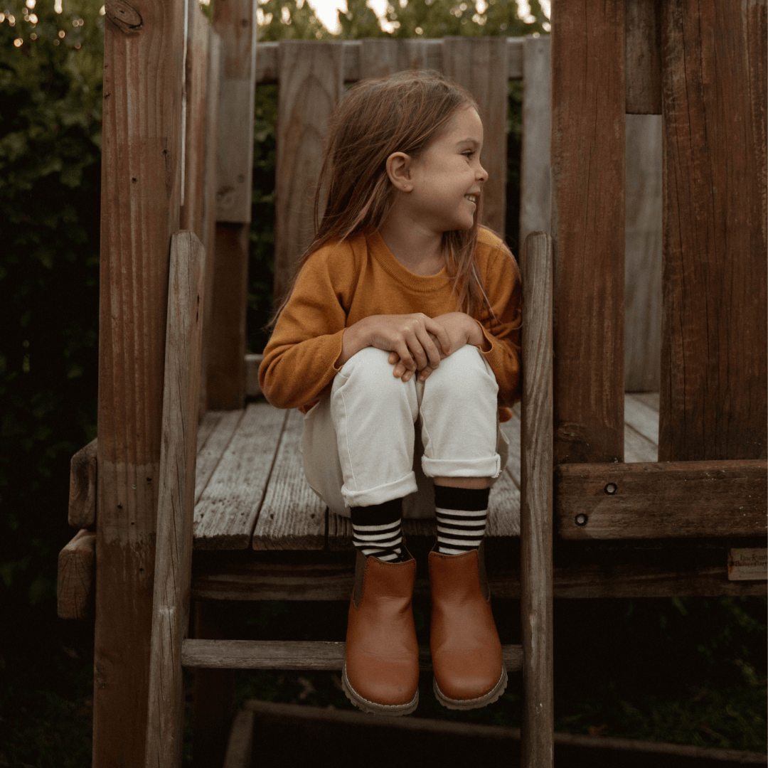 Lamington children's merino crew socks in black with latte stripes made in New Zealand.