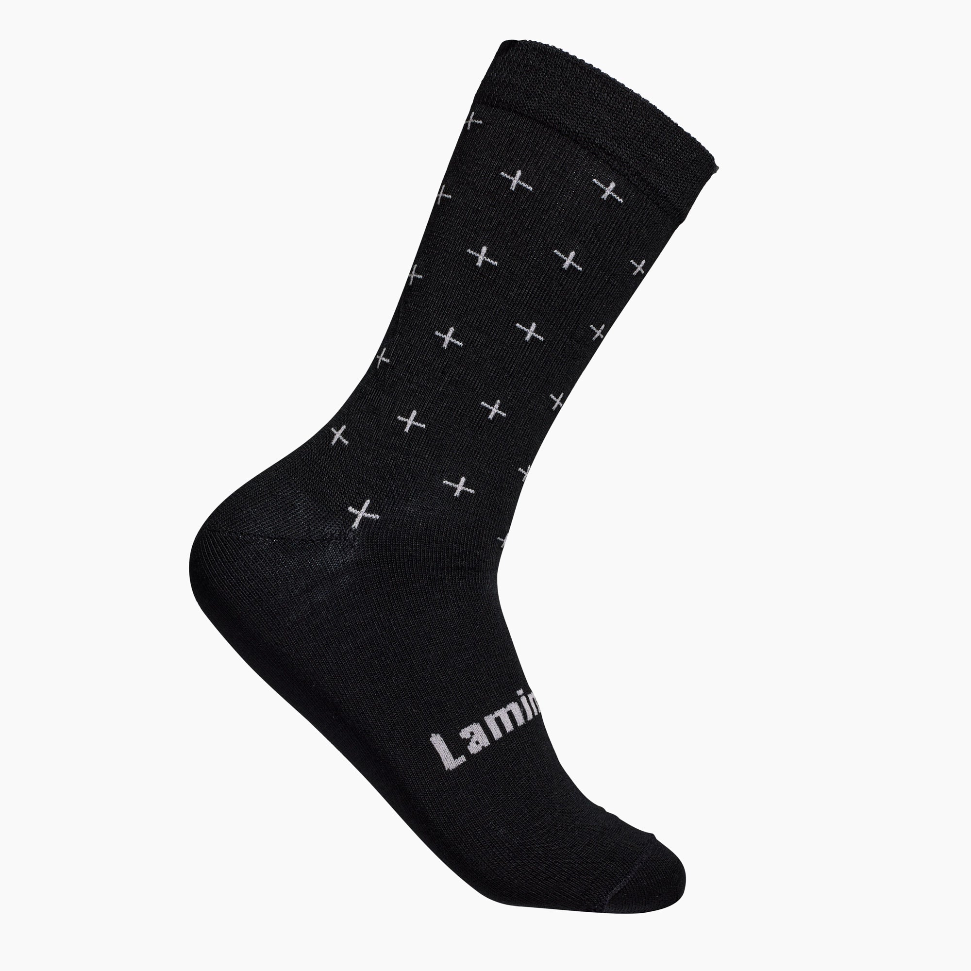 Mens merino wool crew socks black with grey crosses by Lamington Australia