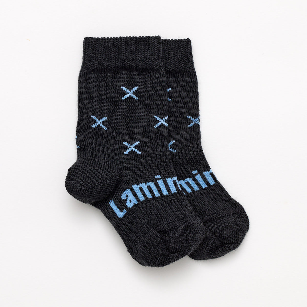 Dark Grey with light blue crosses merino wool baby crew socks by Lamington Australia