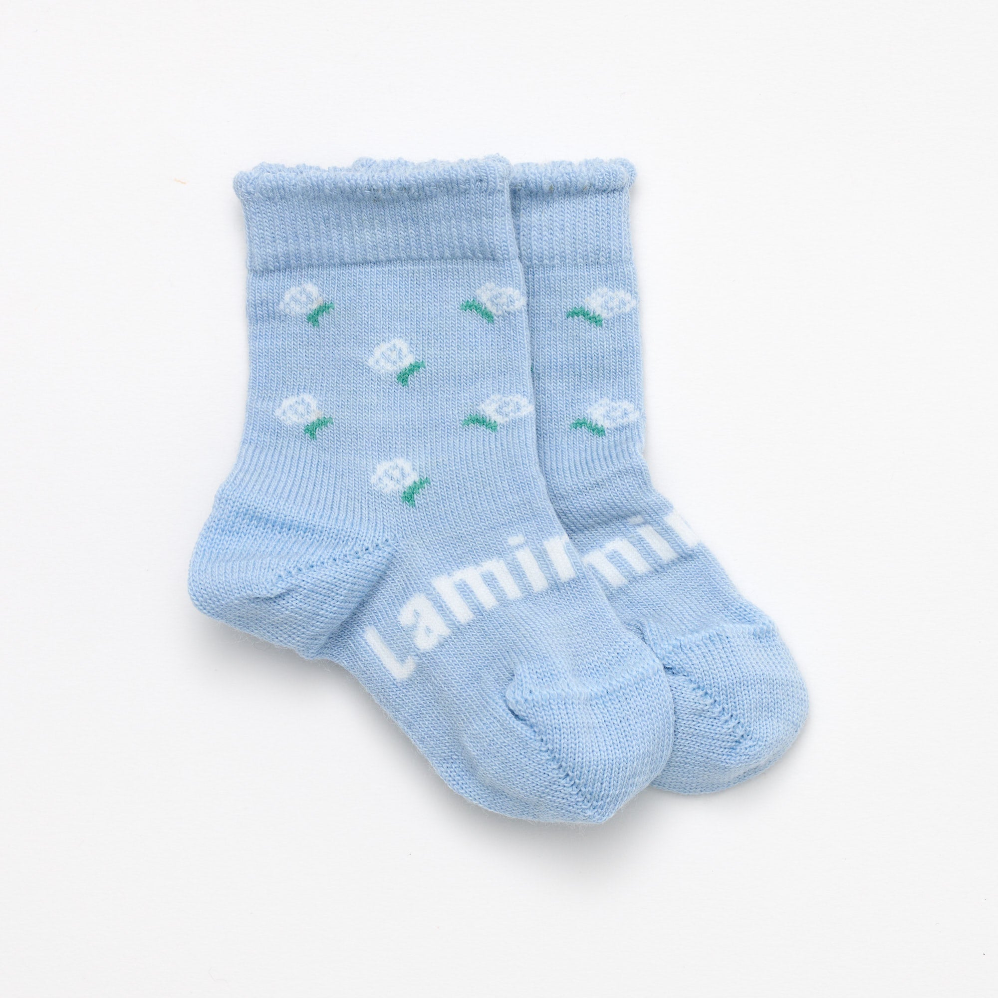 Light Blue with white flowers merino wool baby crew socks by Lamington Australia