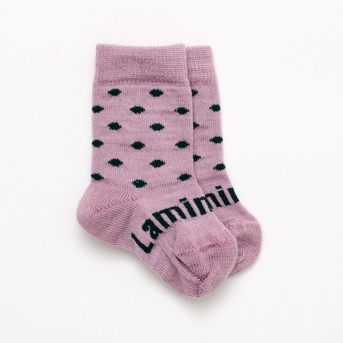 Lilac with dark green spots merino wool baby crew socks by Lamington Australia