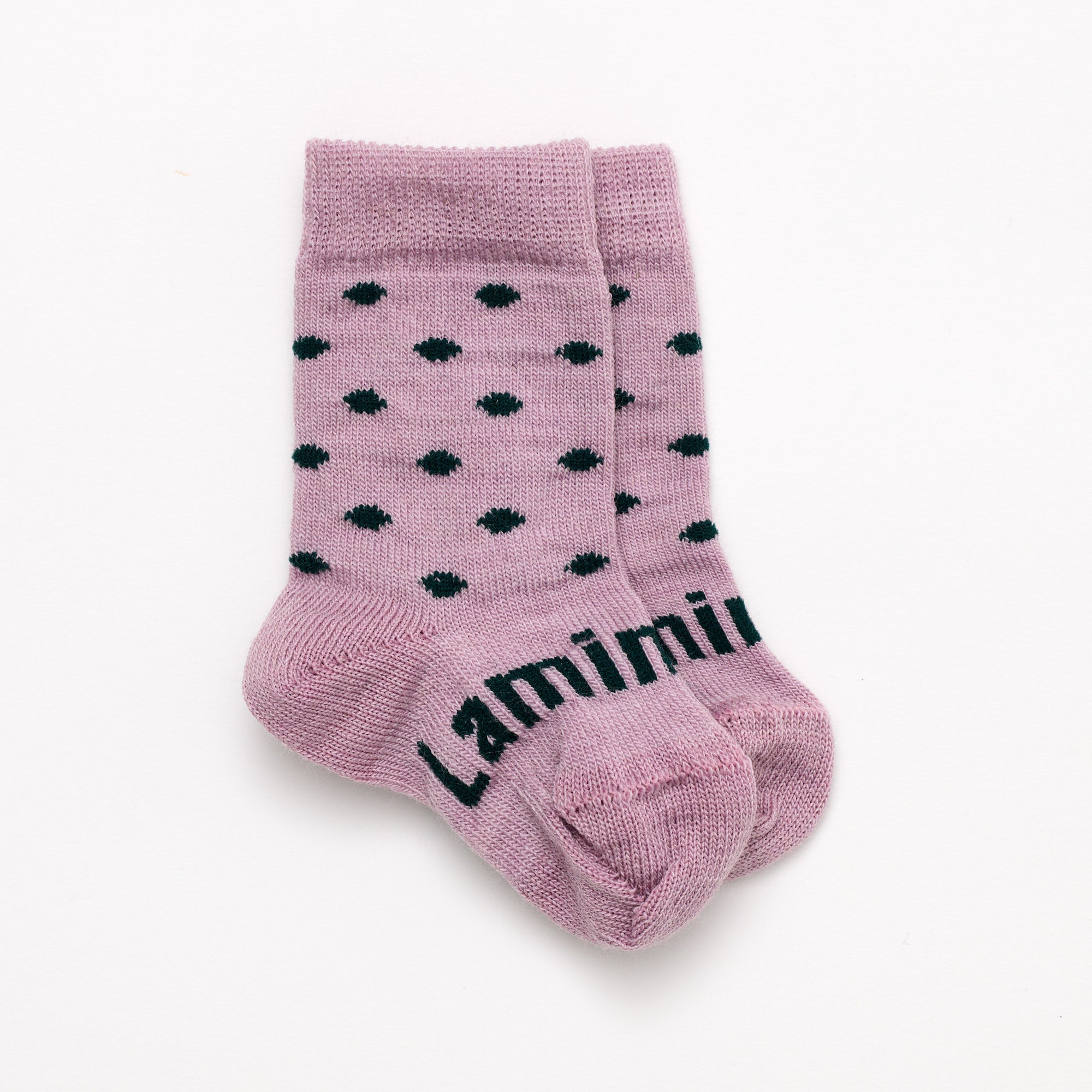 Lilac with dark green spots merino wool baby crew socks by Lamington Australia