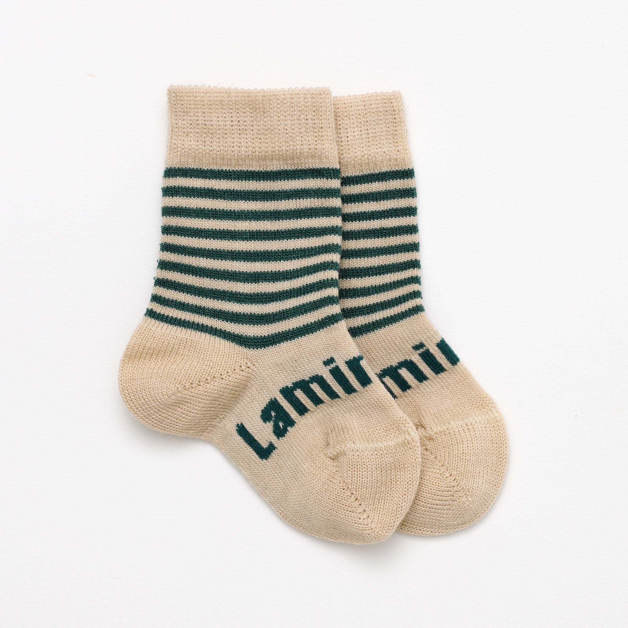 Oatmeal with dark green stripes merino wool baby crew socks by Lamington Australia