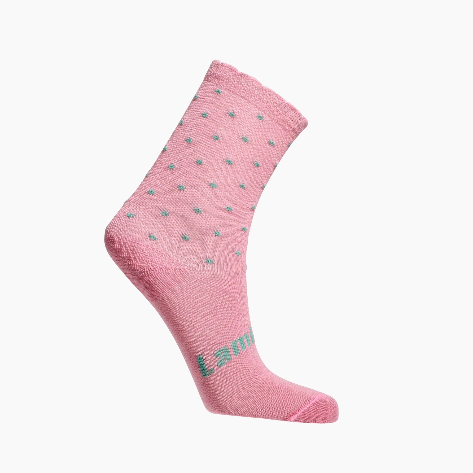 Pink with green spots merino wool child crew socks by Lamington