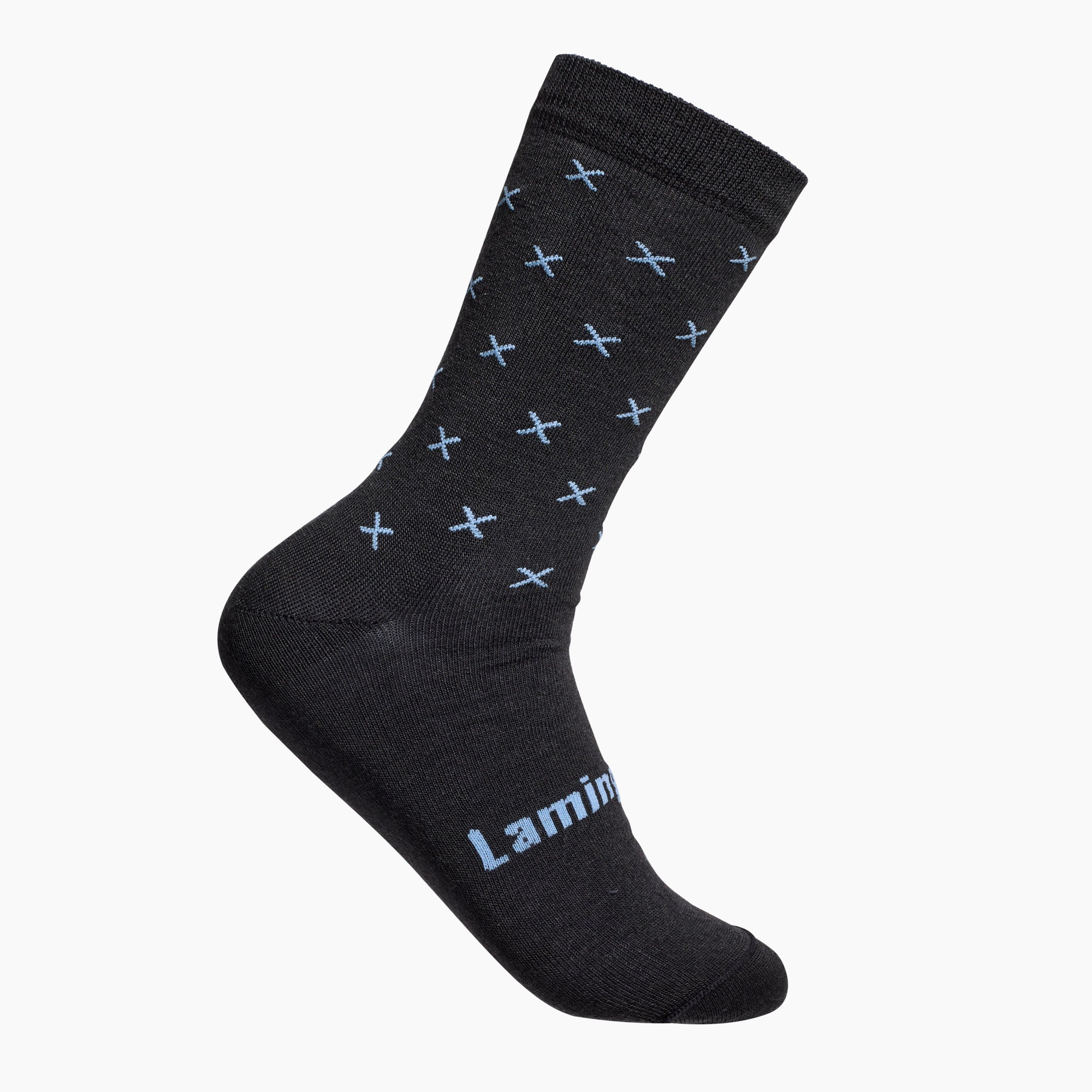 Dark grey with Blue crosses merino wool crew socks by Lamington Australia