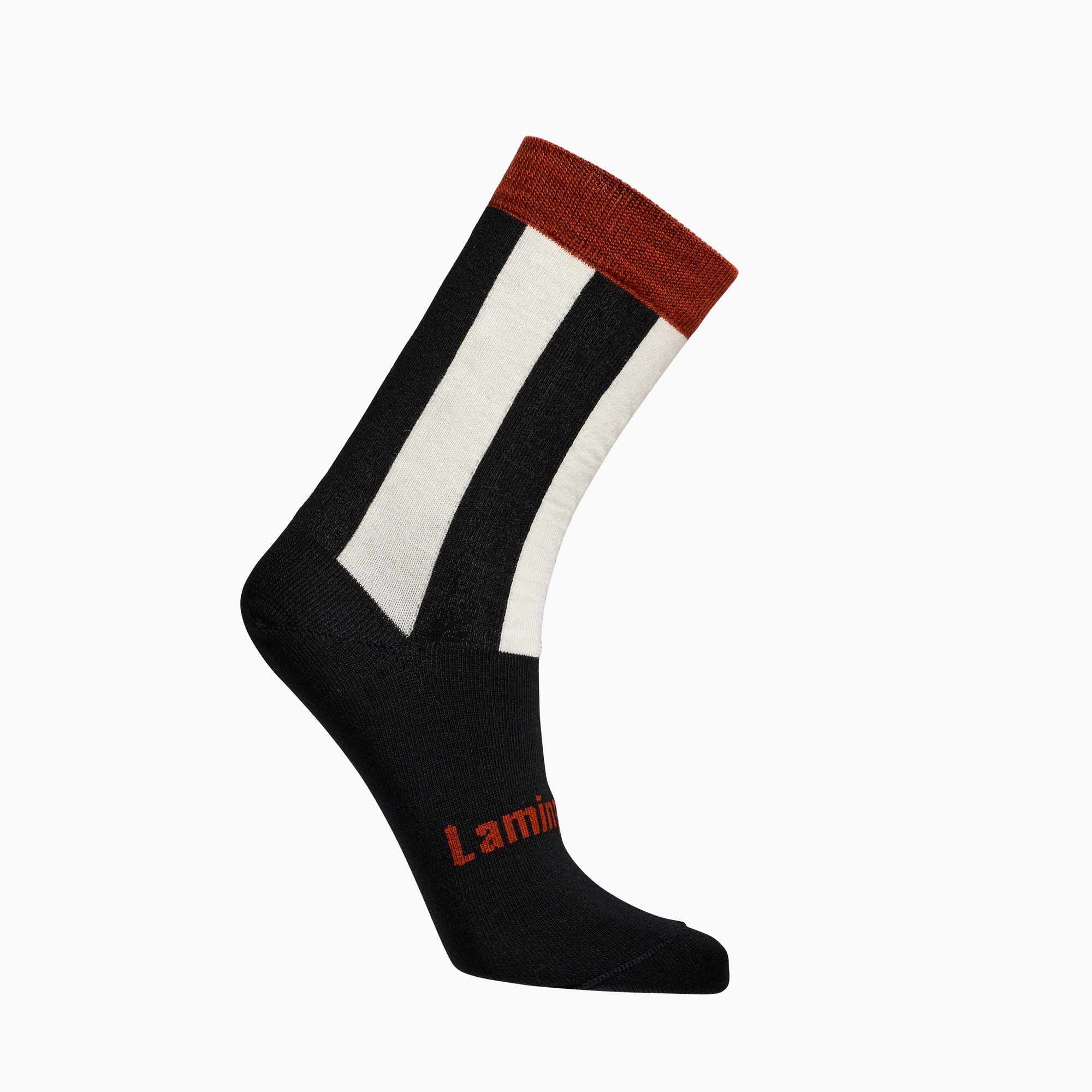 Womens merino wool crew socks  Black and cream stripe with rust cuff by Lamington Australia