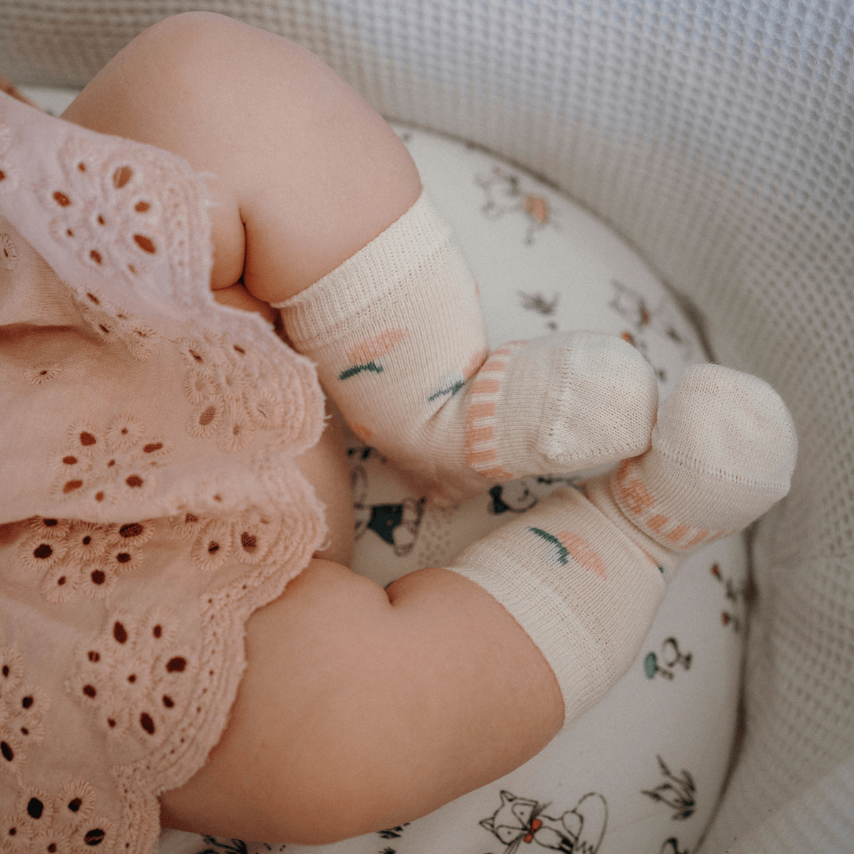 Merino Wool Baby crew socks cream with pink flowers by Lamington Australia