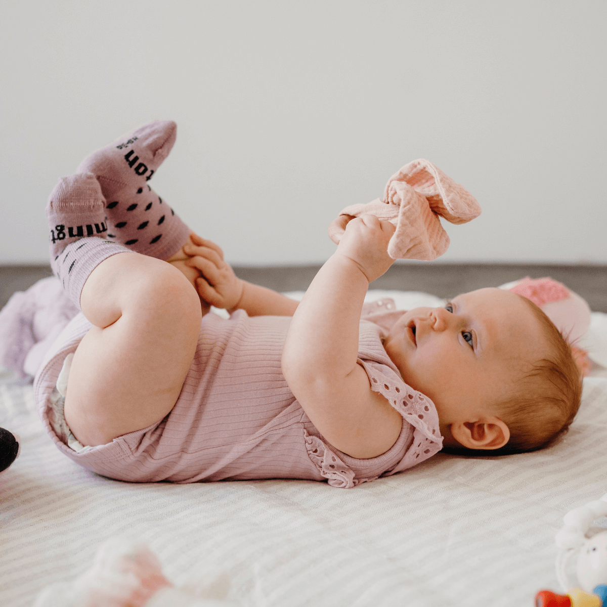 Lilac with dark green spots merino wool baby crew socks by Lamington Australia