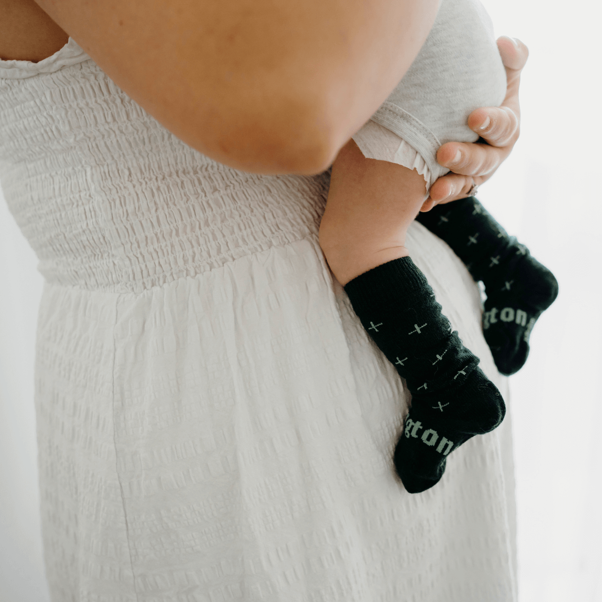 Merino Wool Baby Knee-high socks green with light green crosses by Lamington Australia