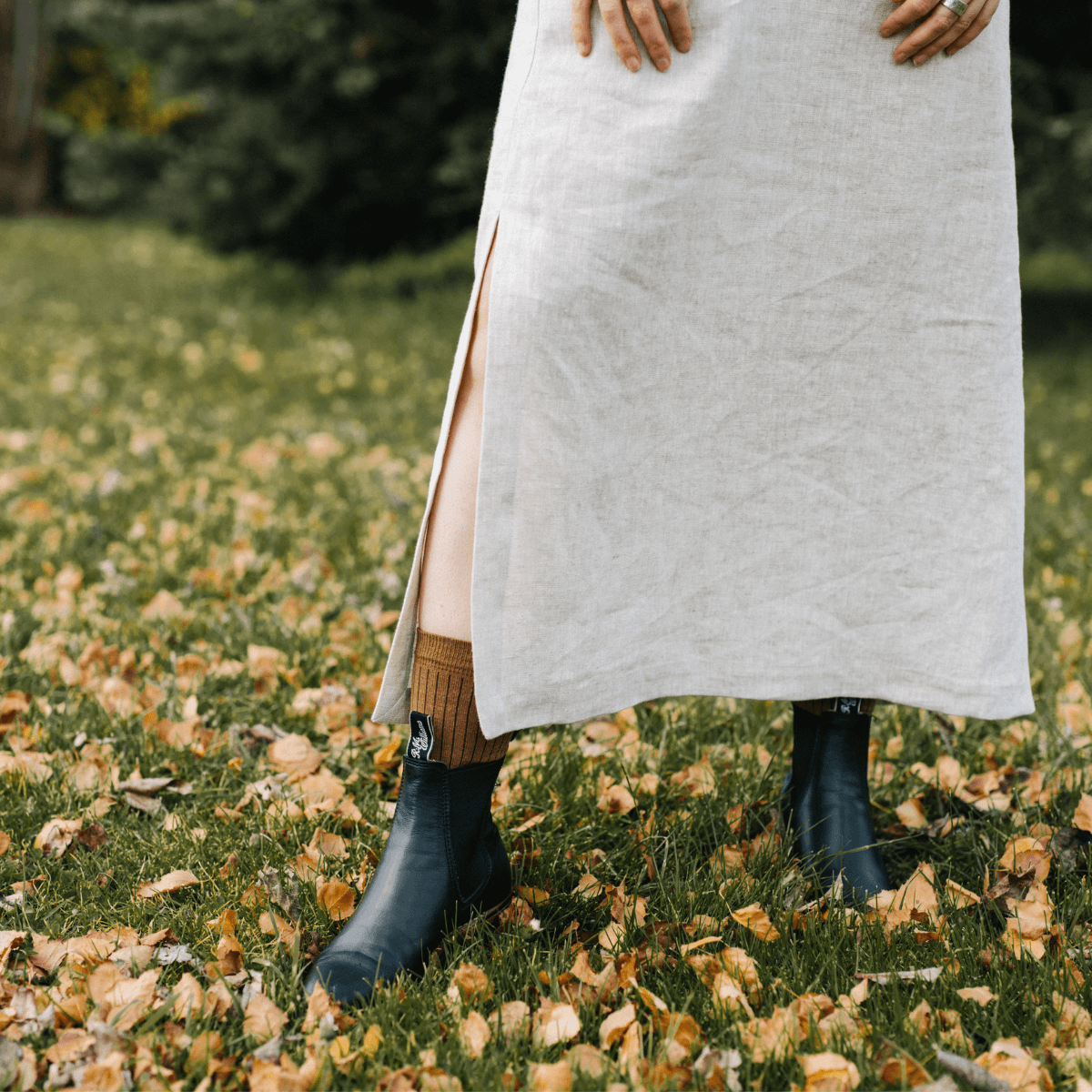 woman wearing merino wool socks crew brown au