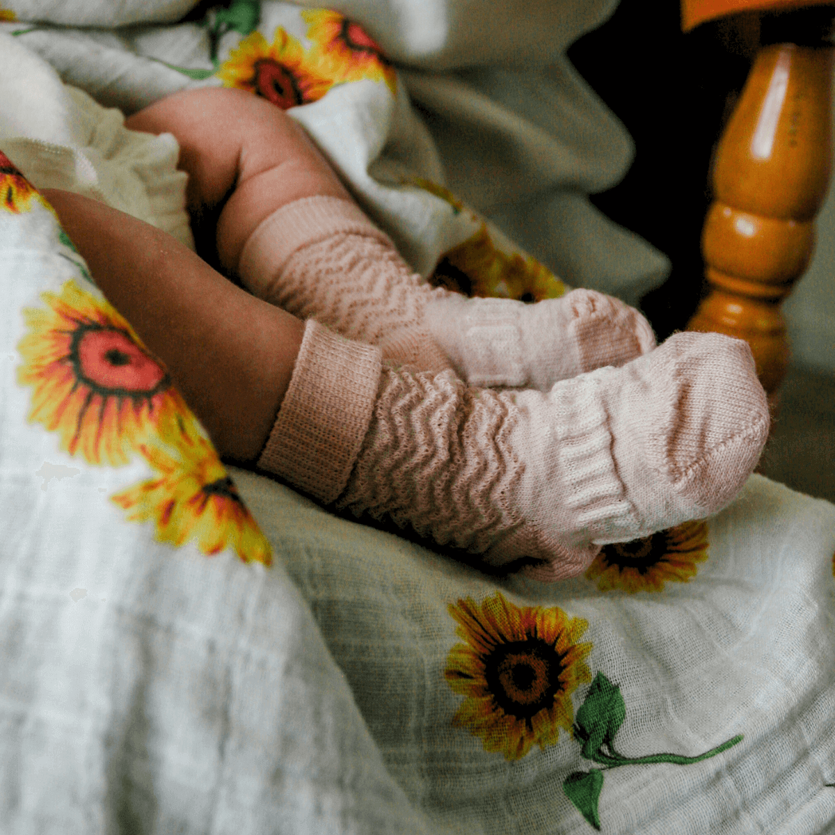 Merino Wool Crew Socks for Baby in Petal, light pink with zigzag texture from Newborn Natural Collection.