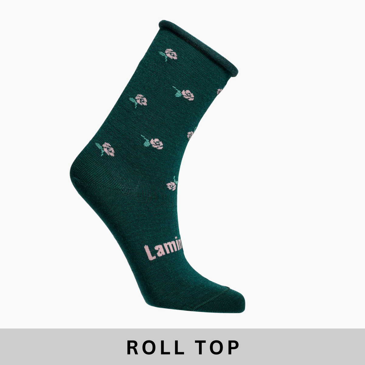 Merino wool comfort socks with roll top crew green with pink flowers for women aus