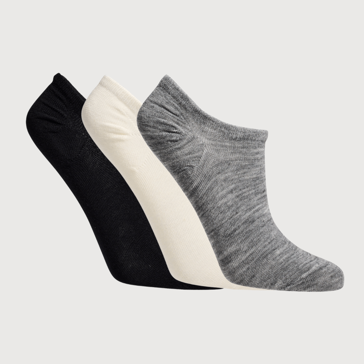 Lamington women's merino sneaker socks 3 pack in natural, black and grey made in New Zealand.