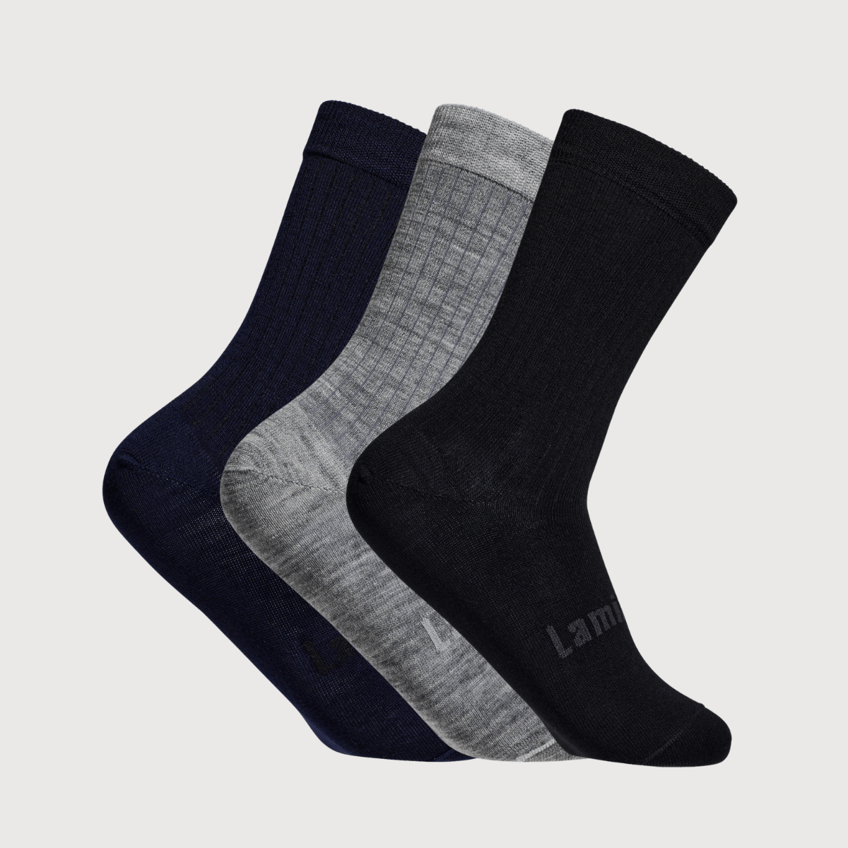 Lamington men's merino crew socks 3 pack in navy, grey and black made in New Zealand.