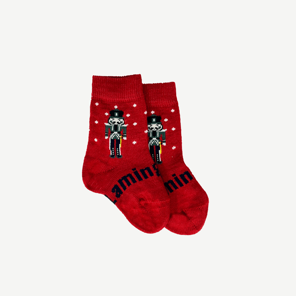 Lamington baby merino crew socks in red with white spots and nutcracker design made in New Zealand.
