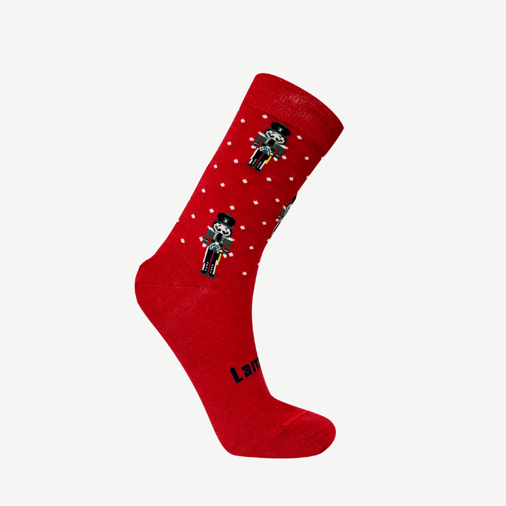 Lamington children's merino crew socks in red with white spots and nutcracker design made in New Zealand.