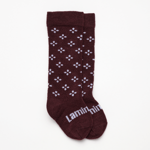 Lamington baby merino knee high socks in fig with lilac cross pattern made in New Zealand.