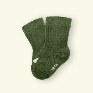 Mosey by Lamington organic cotton baby socks in sage green rib knit.