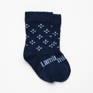 Lamington baby merino crew socks in navy with floral pattern made in New Zealand.