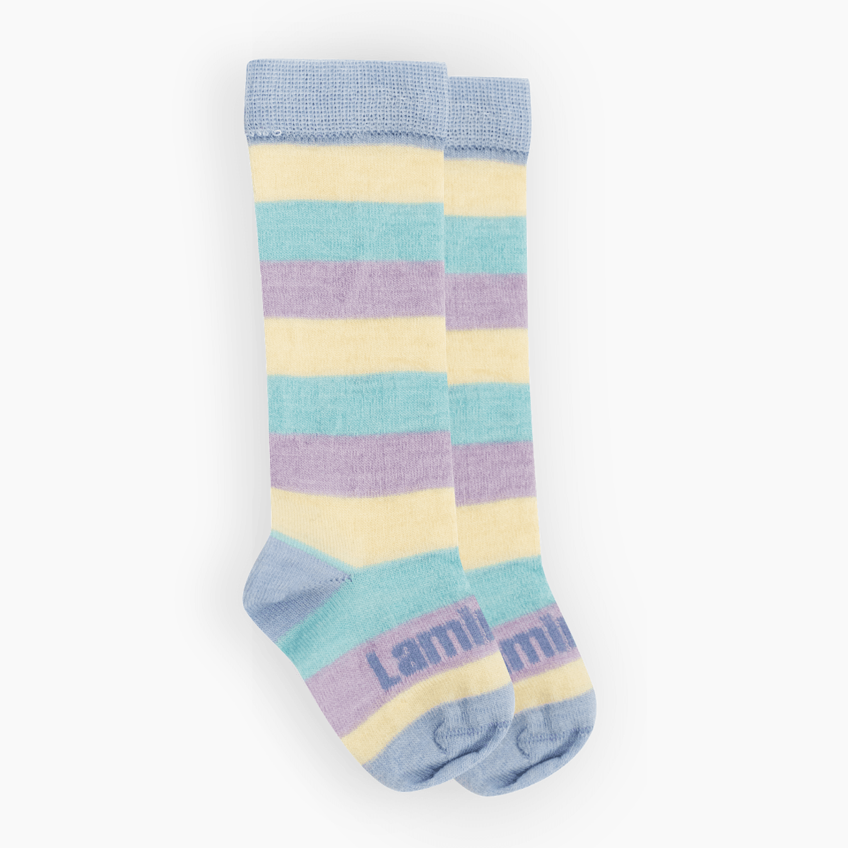 Lamington baby merino knee high socks with pastel blue, yellow, green and lilac stripes made in New Zealand.