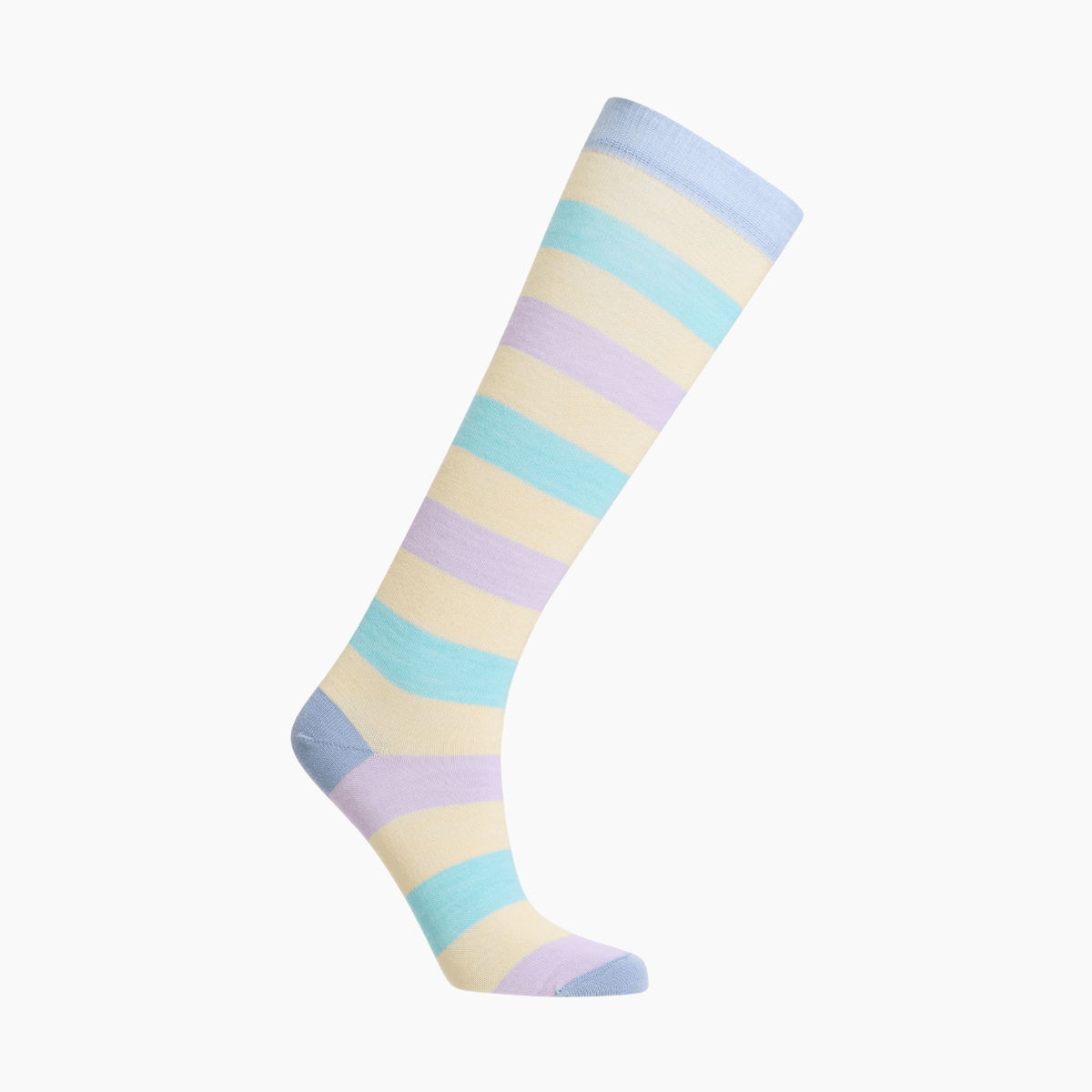 Lamington women's merino knee high socks with pastel blue, yellow, green and lilac stripes made in New Zealand
