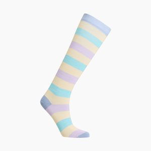 Lamington children's merino knee high socks with pastel blue, yellow, green and lilac stripes made in New Zealand.