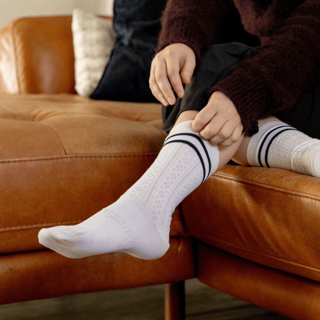 Lamington women's merino crew socks in cream with black stripes made in New Zealand.
