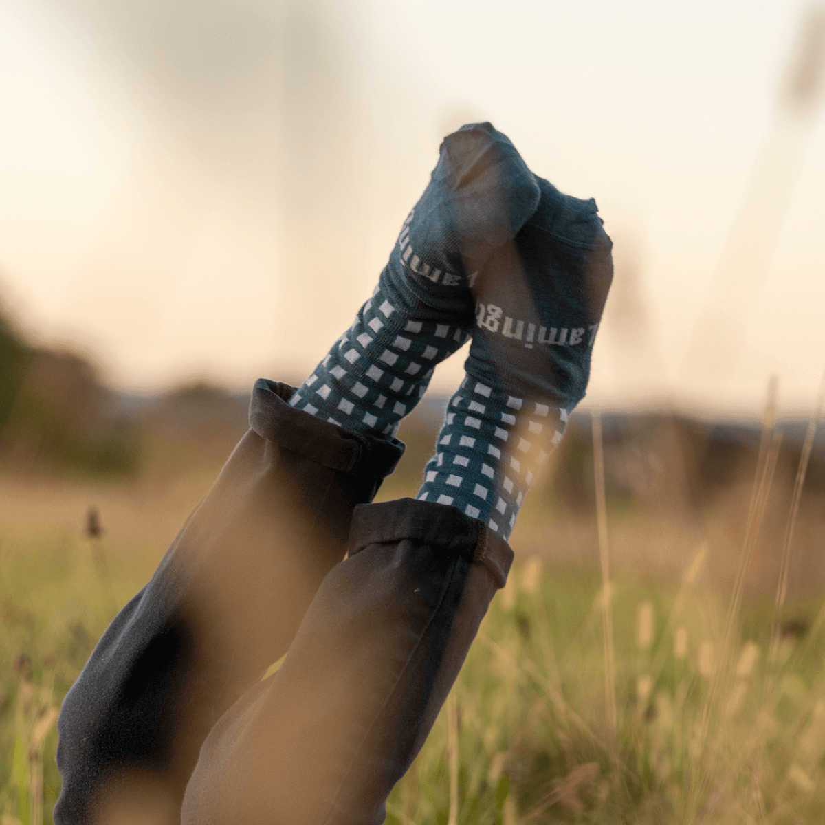 Child wearing Lamington merino crew socks in deep teal with light blue grid pattern made in New Zealand.